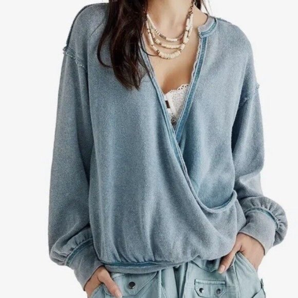 Free People Deep Teal Cotton blend Drapey Long Sleeve Wrap Front Sweater Size M - Picture 1 of 10